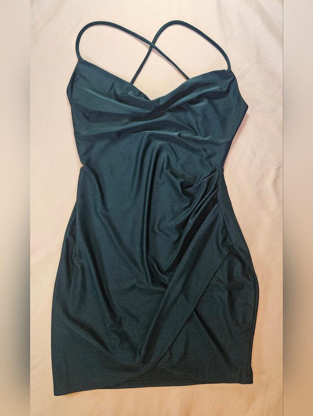 Unbranded Juniors Green Cowl Neck Thin Strap Front Wrap Ruched Mini Dress Sz XS